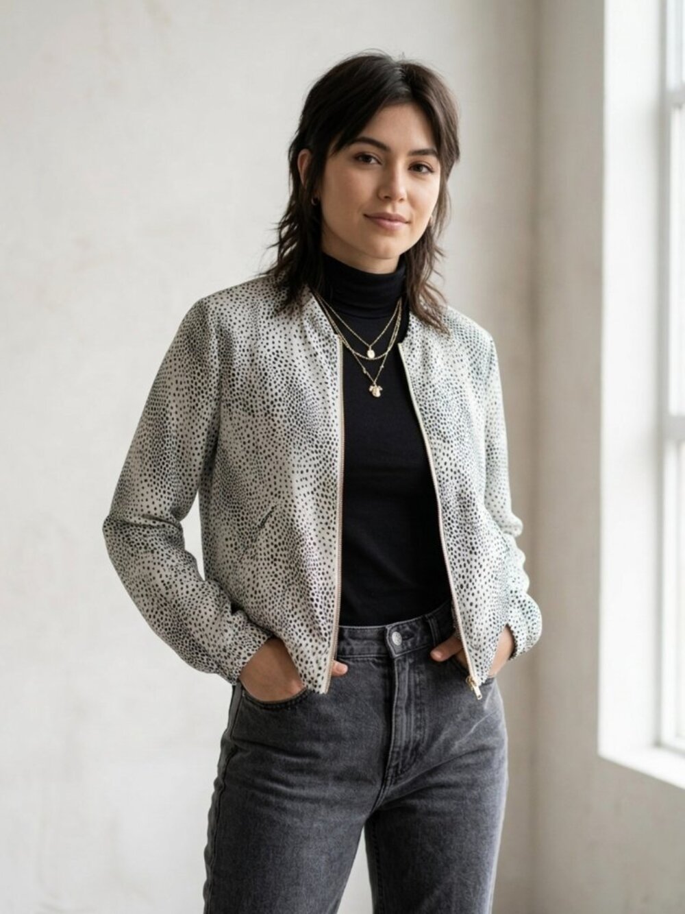 H&M Dalmatian Print Bomber Jacket Lightweight Full Zip Spotted White Black Size
